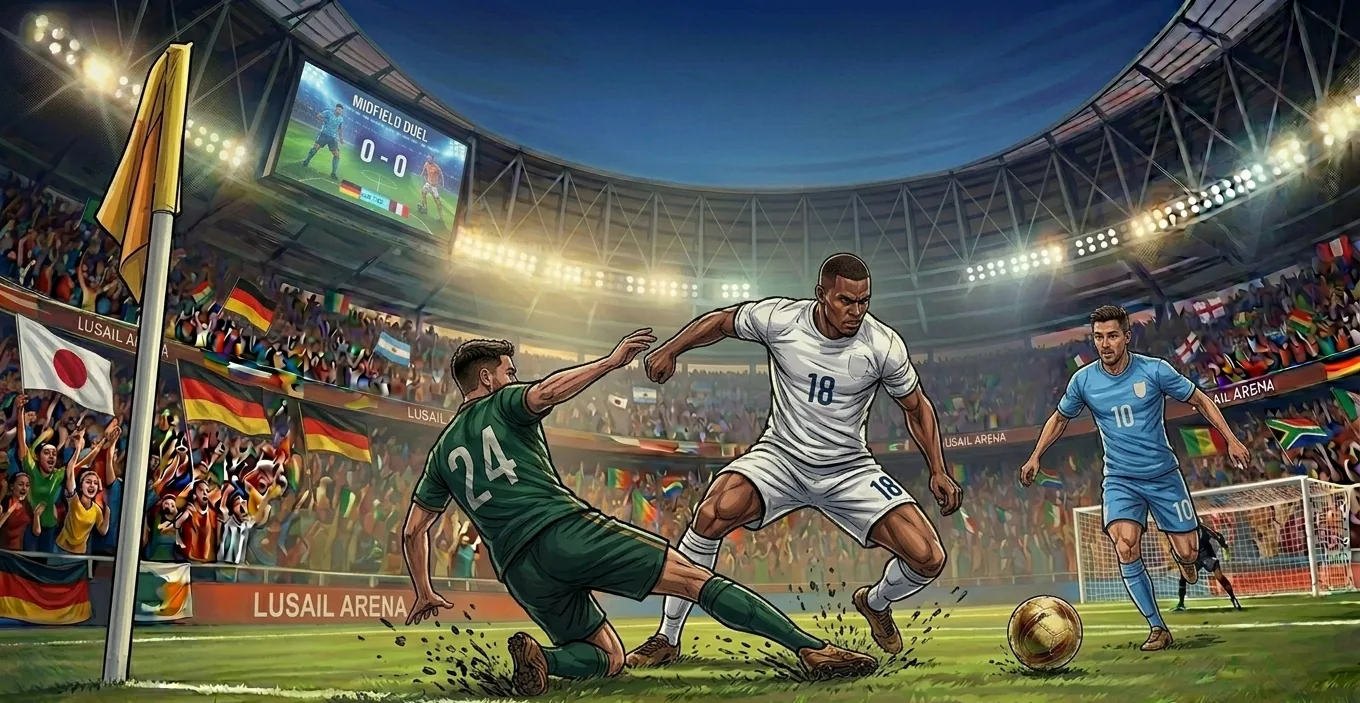 Players competing in midfield at a FIFA World Cup match