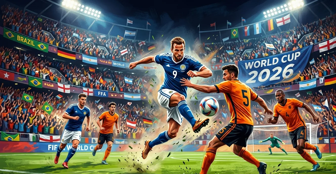 A FIFA World Cup 2026 match in full flow with players competing for the ball
